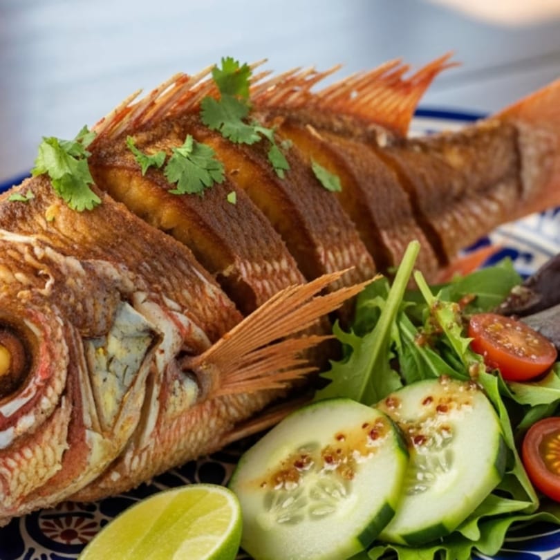 Whole fried fish with cilantro, lime, and a side salad with cucumbers and tomatoes.