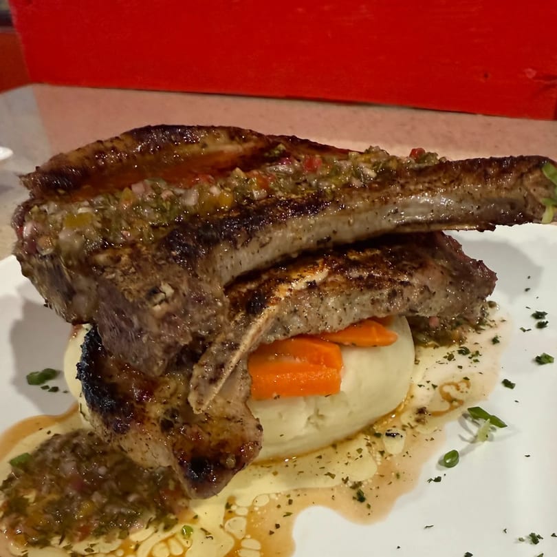 Two grilled pork chops with chimichurri sauce, mashed potatoes, and carrots on a white plate.